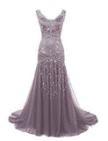 Bonnyshow Sexy Mermaid Straps Sleeveless Floor Length Long Beads Evening Dress Prom Dresses SD1796