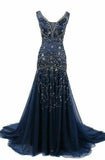 Bonnyshow Sexy Mermaid Straps Sleeveless Floor Length Long Beads Evening Dress Prom Dresses SD1796