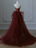 Bonnyshow Modest Mermaid Strapless Burgundy Floor Length Evening Dress Sequin Prom Dresses SD1798