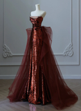 Bonnyshow Modest Mermaid Strapless Burgundy Floor Length Evening Dress Sequin Prom Dresses SD1798