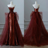 Bonnyshow Modest Mermaid Strapless Burgundy Floor Length Evening Dress Sequin Prom Dresses SD1798
