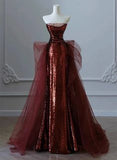 Bonnyshow Modest Mermaid Strapless Burgundy Floor Length Evening Dress Sequin Prom Dresses SD1798