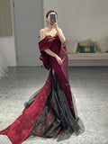 Bonnyshow Classy Mermaid Off The Shoulder Burgundy Long Party Dress Sequin Prom Dresses SD1799