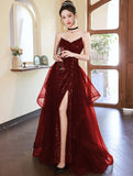 Bonnyshow Sexy Mermaid Spaghetti Straps Floor Length Burgundy Sequin Long Prom Dresses SD1800