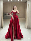 Bonnyshow Classy Mermaid Off The Shoulder Red Long Party Dress Sequin Prom Dresses SD1801
