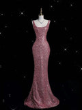 Bonnyshow Sexy Mermaid Straps Floor Length Pink Sequin Long Prom Dresses Evening Gowns SD1802