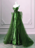 Bonnyshow A-line Green Sequins and Tulle Long Prom Dress Green Evening Dress Formal Dress SD1804