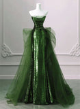 Bonnyshow A-line Green Sequins and Tulle Long Prom Dress Green Evening Dress Formal Dress SD1804