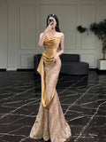 Bonnyshow Sexy Mermaid Strapless Gold Satin Long Prom Dresses Evening Gowns SD1808