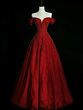 Bonnyshow Classy Ball Gown Off The Shoulder Burgundy Long Party Dress Tulle Prom Dresses SD1809