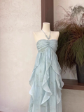 Bonnyshow Cute A line Halter Ruffled Floral Blue Women's Long Vacation Dresses SD180