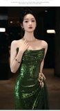 Bonnyshow Sexy Mermaid Strapless Dark Green Sequin Long Prom Dresses Evening Gowns SD1810