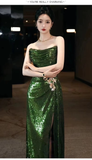 Bonnyshow Sexy Mermaid Strapless Dark Green Sequin Long Prom Dresses Evening Gowns SD1810