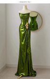 Bonnyshow Sexy Mermaid Strapless Dark Green Sequin Long Prom Dresses Evening Gowns SD1810