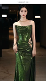 Bonnyshow Sexy Mermaid Strapless Dark Green Sequin Long Prom Dresses Evening Gowns SD1810