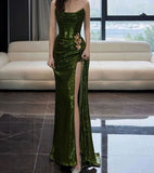 Bonnyshow Sexy Mermaid Strapless Dark Green Sequin Long Prom Dresses Evening Gowns SD1810