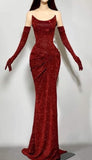 Bonnyshow Sexy Mermaid Strapless Burgundy Sequin Long Prom Dresses Evening Gowns With Gloves SD1811