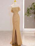 Bonnyshow Classy Mermaid Off The Shoulder Gold Slit Sequin Long Party Dress Prom Dresses SD1812