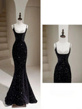 Bonnyshow Sexy Mermaid Spaghetti Straps Sequin Black Long Prom Dresses SD1813