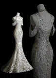 Bonnyshow Classy Mermaid Off The Shoulder Silver Sequin Long Party Dress Prom Dresses SD1814