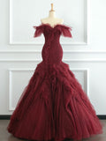Bonnyshow Classy Mermaid Off The Shoulder Burgundy Tulle Long Party Dress Prom Dresses SD1816