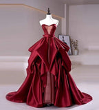 Bonnyshow Sexy Ball Gown Sweetheart Burgundy Satin Long Evening Gowns Prom Dresses SD1817