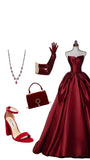 Bonnyshow Sexy Ball Gown Strapless Burgundy Satin Long Evening Gowns Prom Dresses SD1823