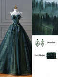 Bonnyshow Sexy Ball Gown Strapless Green Tulle Long Evening Gowns Prom Dresses SD1830