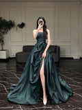 Bonnyshow Sexy Ball Gown Strapless Dark Green Satin Long Evening Gowns Prom Dresses SD1831