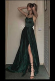 Bonnyshow Sexy A Line Halter Dark Green Satin Long Evening Gowns Prom Dresses SD1832