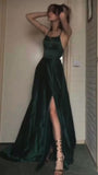 Bonnyshow Sexy A Line Halter Dark Green Satin Long Evening Gowns Prom Dresses SD1832