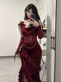 Bonnyshow Sexy Mermaid Straps Burgundy Velvet Long Evening Gowns Prom Dresses SD1833