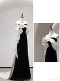 Bonnyshow Sexy Sheath Strapless Black Satin Long Evening Gowns Prom Dresses SD1836