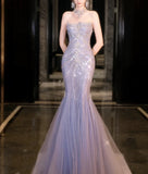 Bonnyshow Classy Mermaid High Neckline Tulle Lilac Beads Long Party Dress Prom Dresses SD1839
