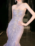 Bonnyshow Classy Mermaid High Neckline Tulle Lilac Beads Long Party Dress Prom Dresses SD1839