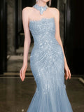Bonnyshow Classy Mermaid High Neckline Tulle Blue Beads Long Party Dress Prom Dresses SD1838