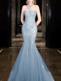 Bonnyshow Classy Mermaid High Neckline Tulle Blue Beads Long Party Dress Prom Dresses SD1838
