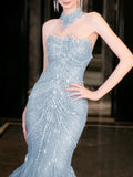 Bonnyshow Classy Mermaid High Neckline Tulle Blue Beads Long Party Dress Prom Dresses SD1838