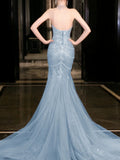 Bonnyshow Classy Mermaid High Neckline Tulle Blue Beads Long Party Dress Prom Dresses SD1838