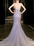 Bonnyshow Classy Mermaid High Neckline Tulle Lilac Beads Long Party Dress Prom Dresses SD1839