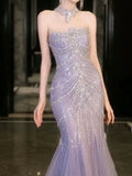 Bonnyshow Classy Mermaid High Neckline Tulle Lilac Beads Long Party Dress Prom Dresses SD1839