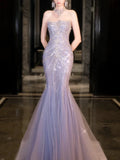 Bonnyshow Classy Mermaid High Neckline Tulle Lilac Beads Long Party Dress Prom Dresses SD1839