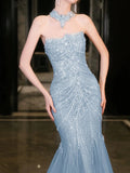 Bonnyshow Classy Mermaid High Neckline Tulle Blue Beads Long Party Dress Prom Dresses SD1838