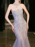 Bonnyshow Classy Mermaid High Neckline Tulle Lilac Beads Long Party Dress Prom Dresses SD1839