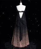 Bonnyshow Aesthetic A line Spaghetti Straps Sequin Brown Long Evening Dress Prom Dresses SD1839