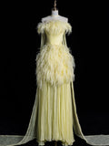 Bonnyshow Aesthetic A line Off The Shoulder Yellow Chiffon Party Dress Long Prom Dress Evening Dresses SD1840