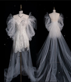 Bonnyshow Princess A line Off The Shoulder White Lace Short Wedding Dresses SD1841