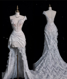Bonnyshow Aesthetic High Low One Shoulder Lace White Long Wedding Dresses SD1843