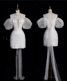 Bonnyshow Aesthetic Sheath Off The Shoulder White Sequin Short Wedding Dresses Brides Dresses SD1845