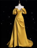 Bonnyshow Modest A line Off The Shoulder Yellow Satin Party Dress Long Prom Dress Evening Dresses SD1848